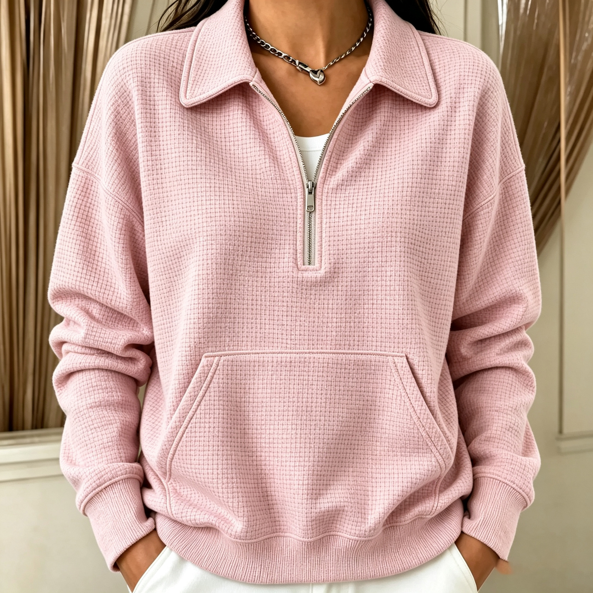 Women's polo collar button pocket loose casual pullover top