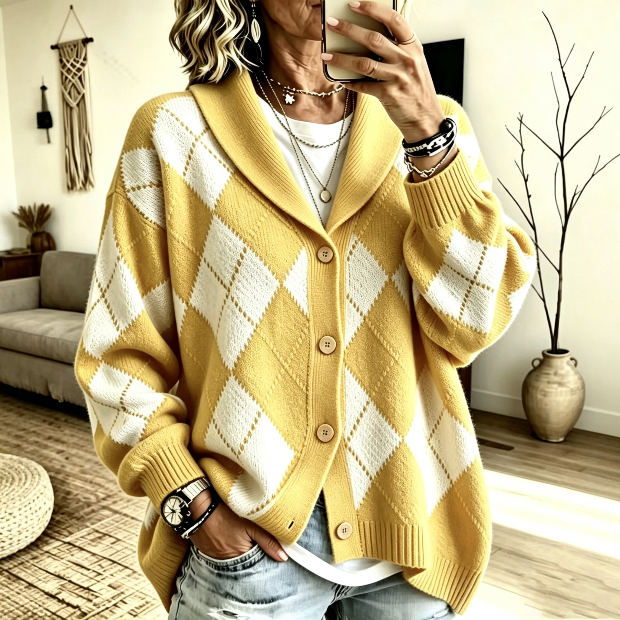 Women's suit collar diamond check button cardigan