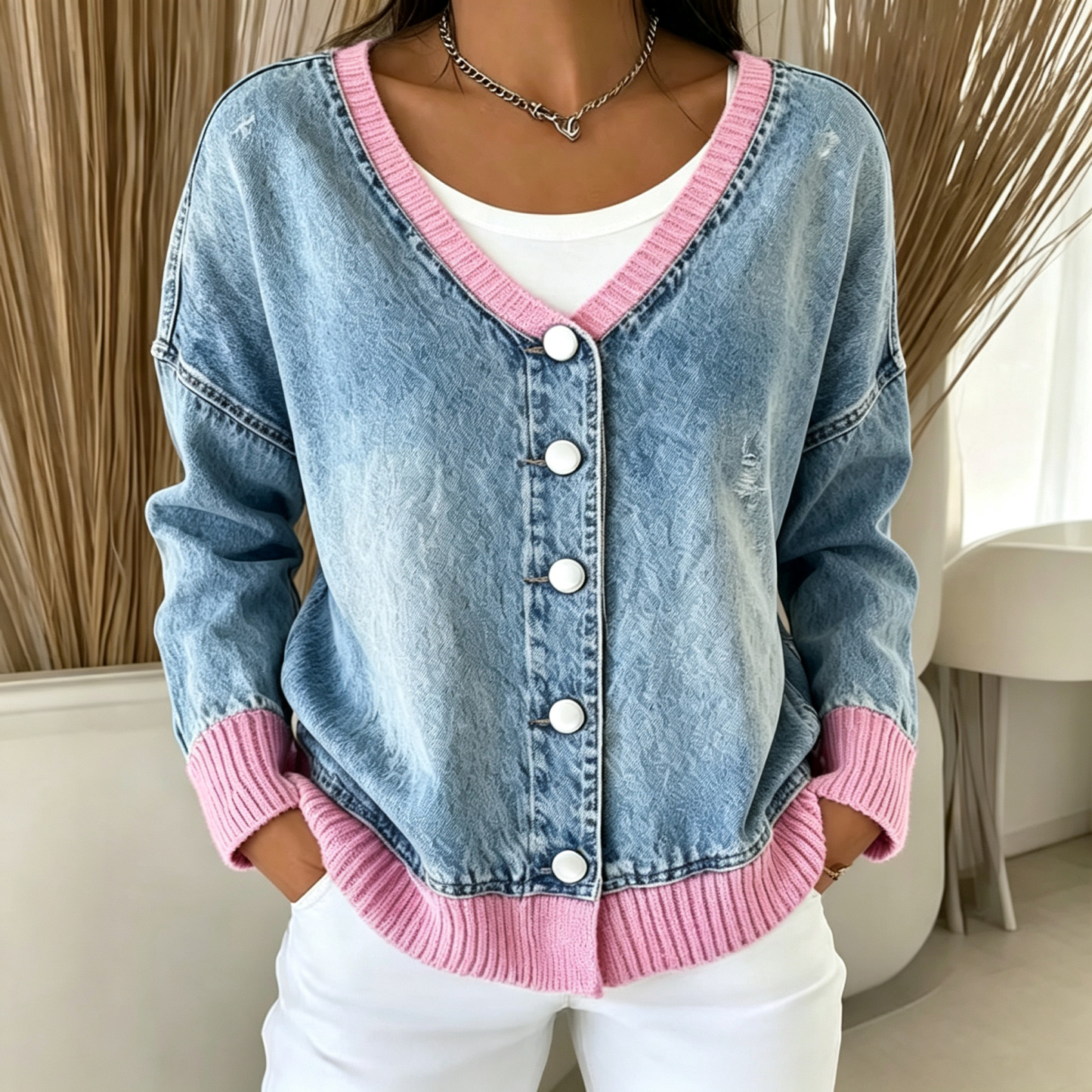 V-neck single-breasted denim cardigan with patchwork sweater trim