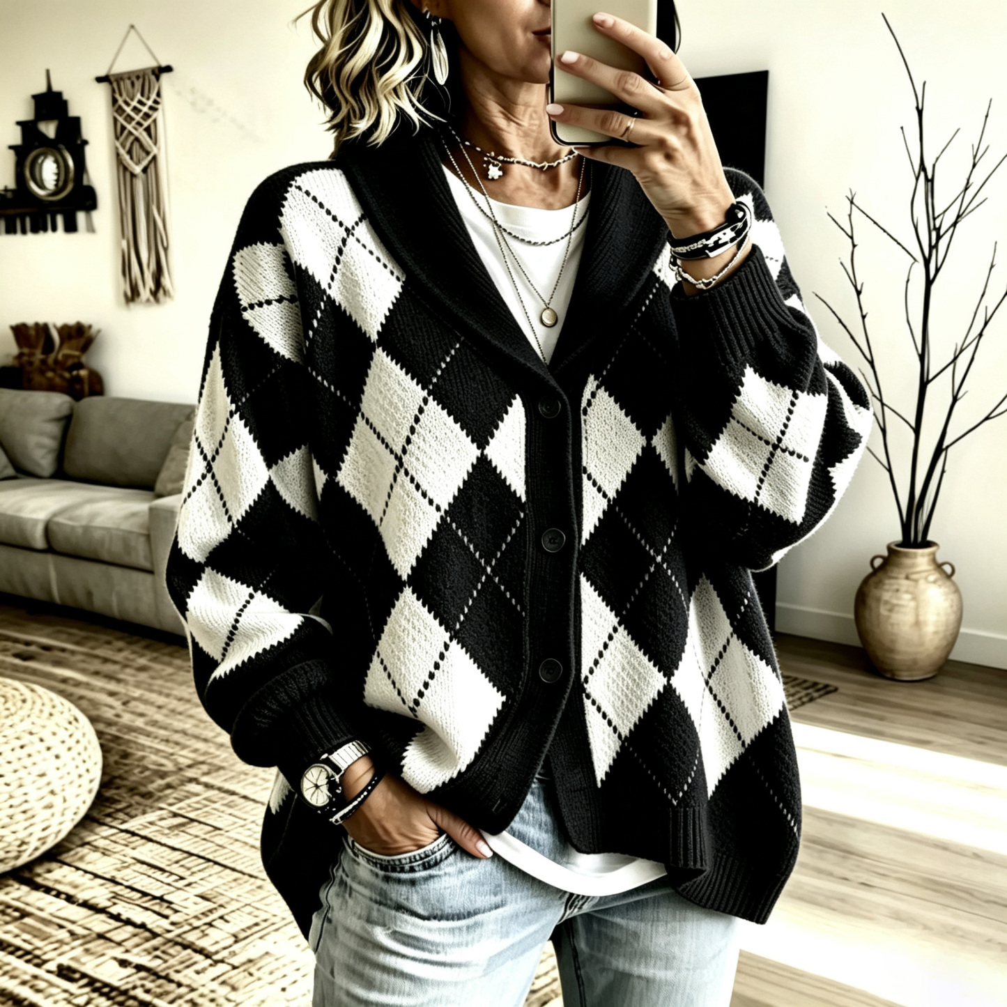 Women's suit collar diamond check button cardigan