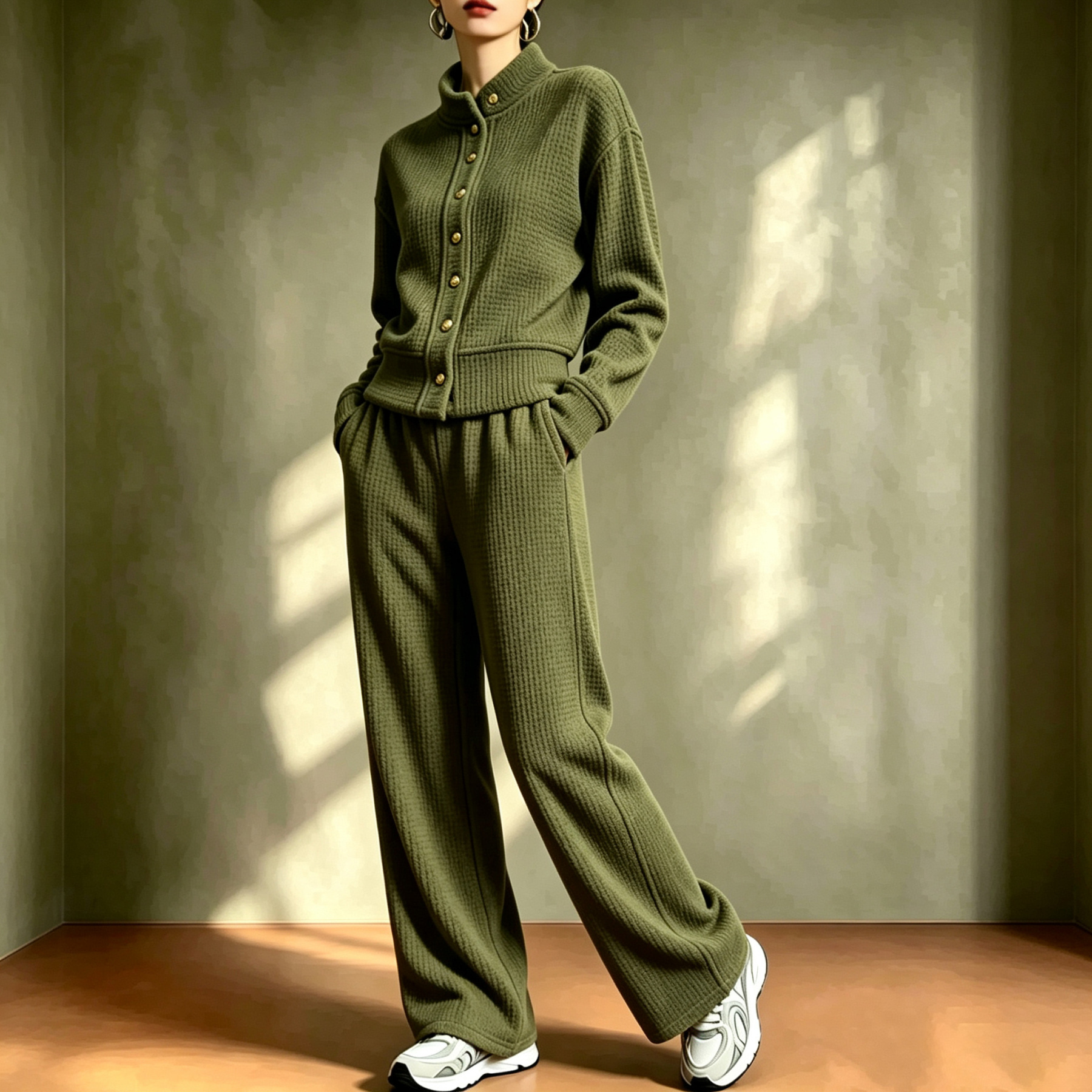 Waffle stand-up collar gold button loose wide-leg casual pants suit