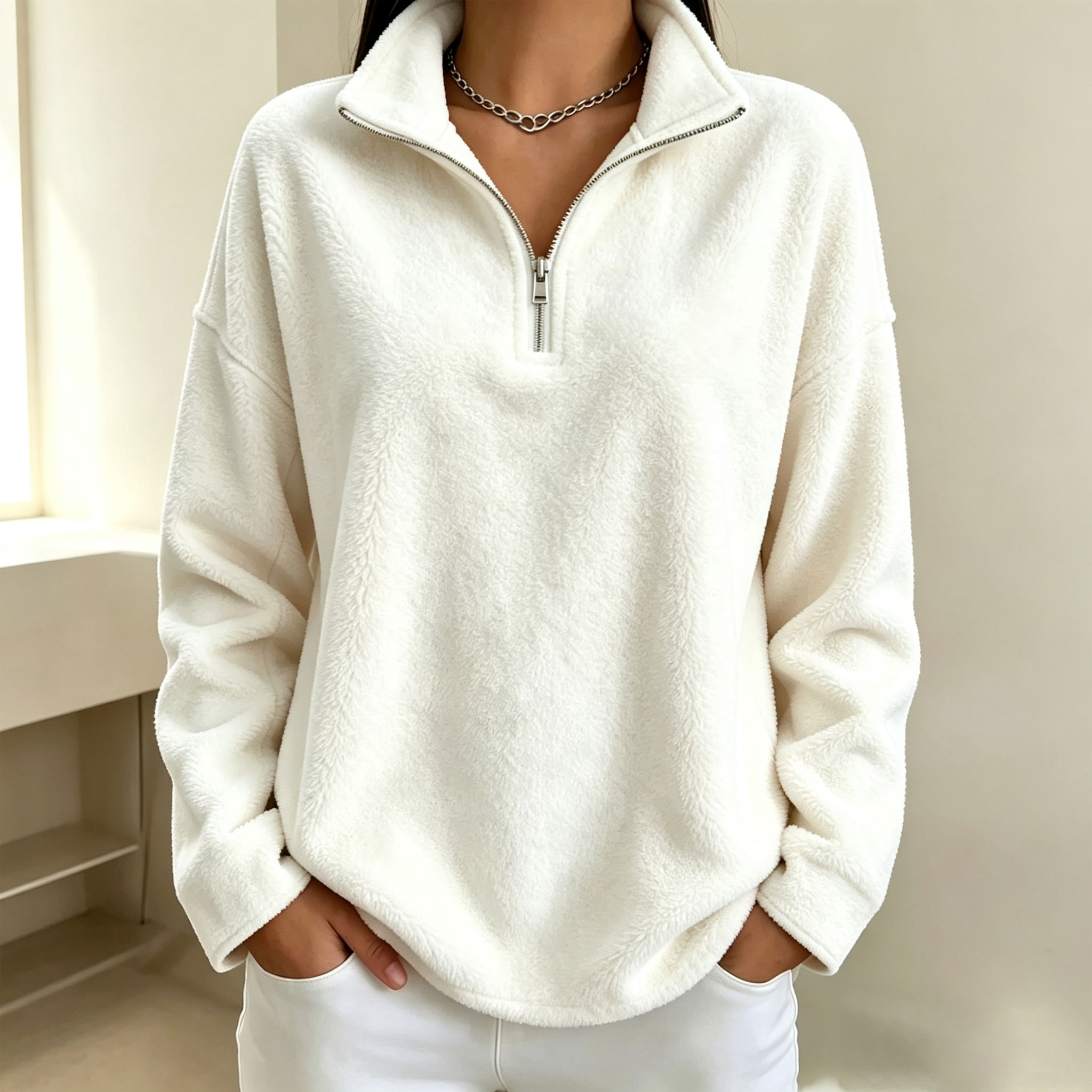 Women's half-zip fleece pullover sweatshirt, suitable for autumn and winter wear.