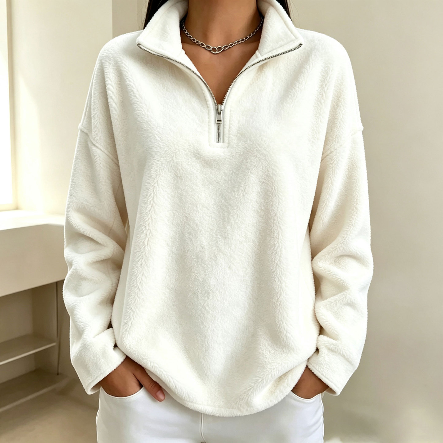 Women's half-zip fleece pullover sweatshirt, suitable for autumn and winter wear.
