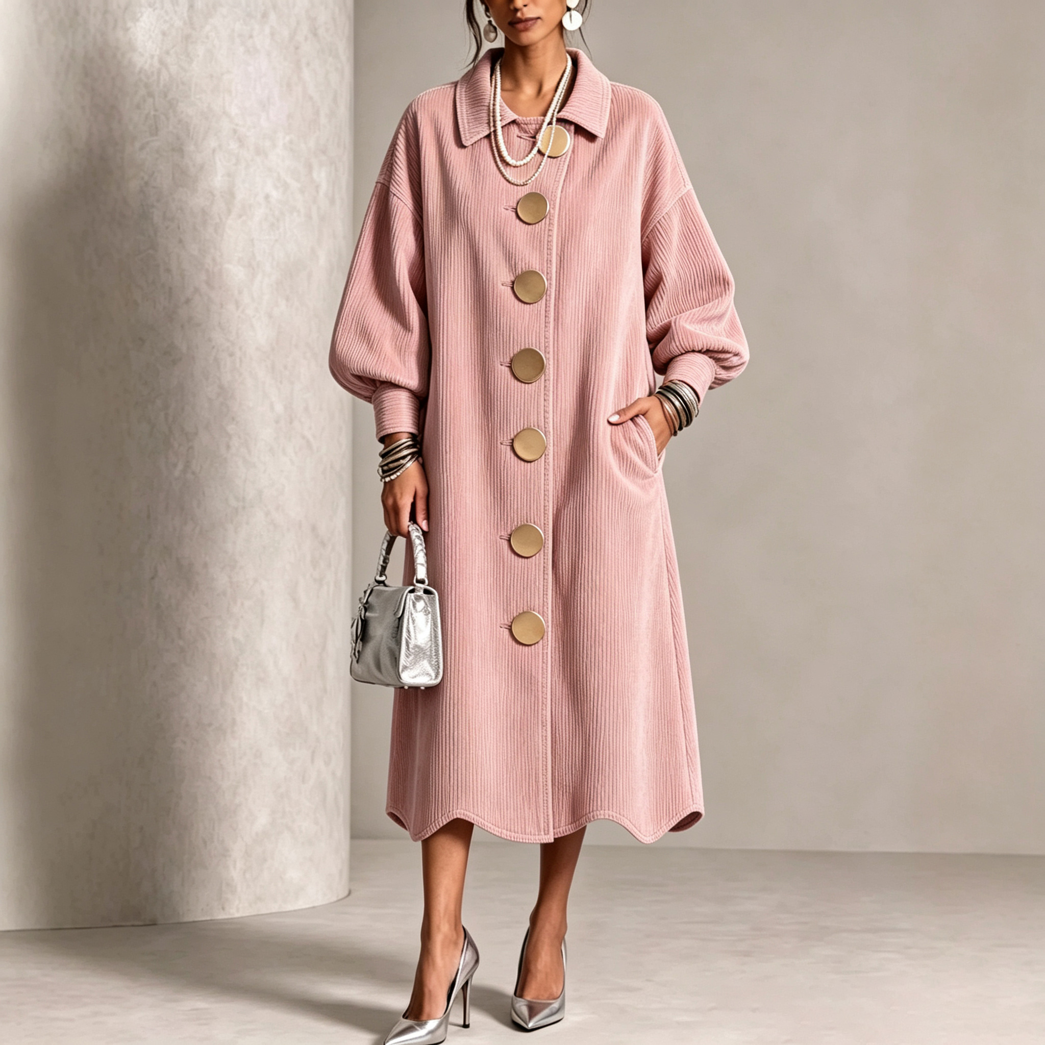 Lapel Gold‑button Balloon‑sleeve Wave‑hem Denim Dress