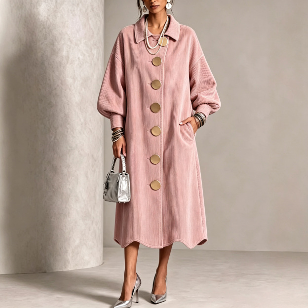 Lapel Gold‑button Balloon‑sleeve Wave‑hem Denim Dress