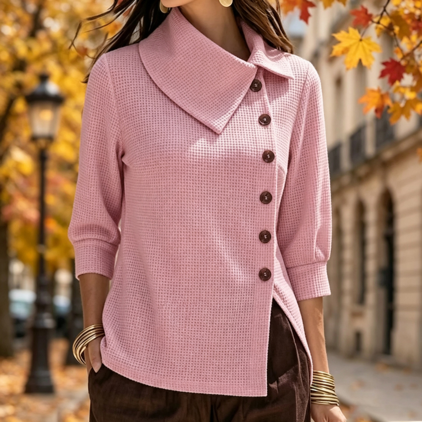 Women's waffle-knit collared, diagonal button-down, three-quarter sleeve top