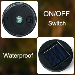 Four-panel image showing device features: circular on/off switch, waterproof label, and a round solar panel component.