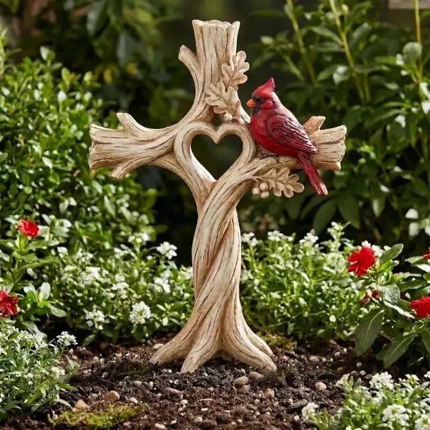 Carved Solid Wood Cardinal Heart Tree Cross