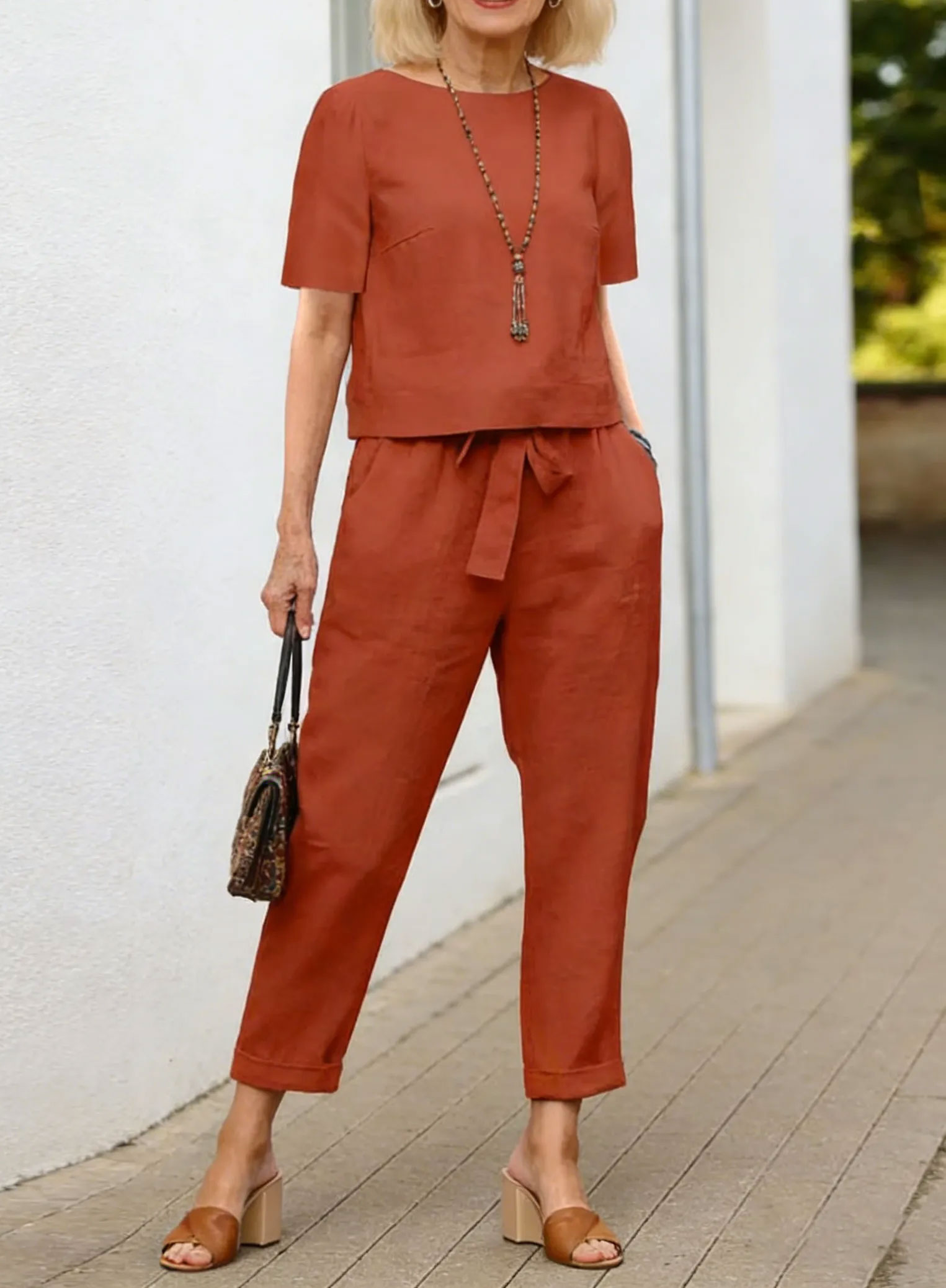 2Pcs Summer Fashion Solid Color Short-Sleeved Trousers Two-Piece Suit (Including Belt)