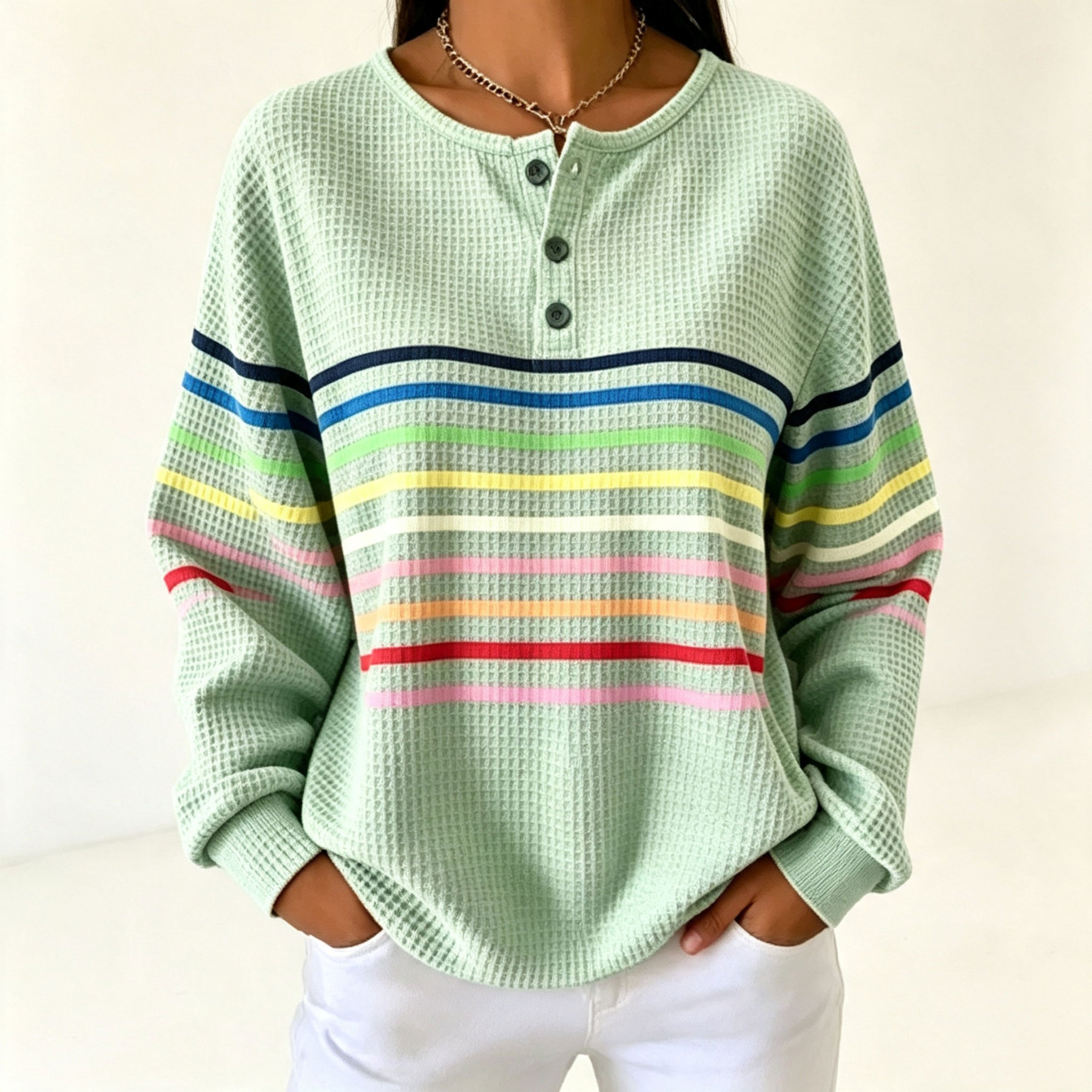 🛒Clearance Sale🔥 Women's Striped Waffle POLO Casual Sweatshirt