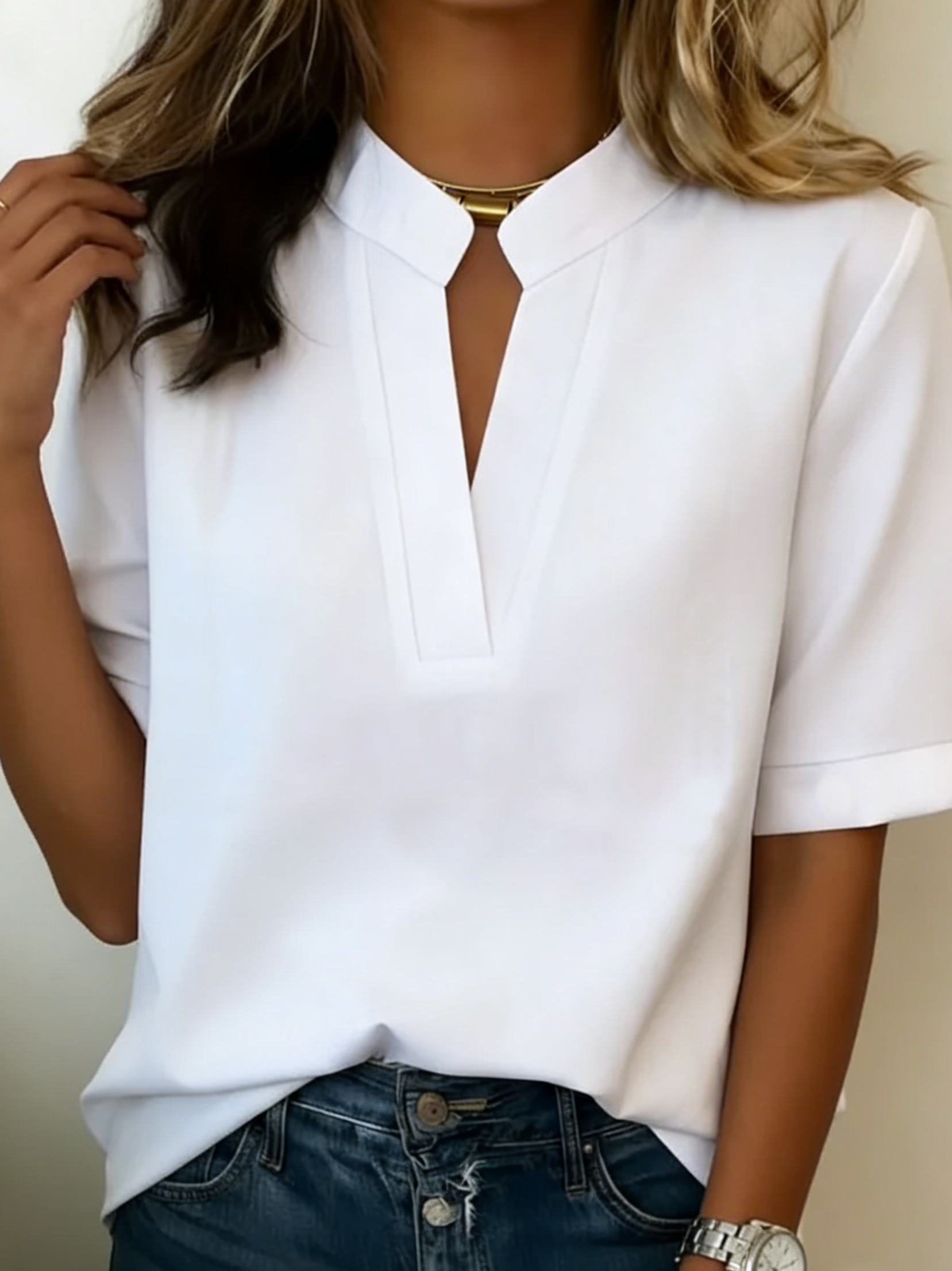 Summer casual solid color V-neck loose shirt/T-shirt, women's soft touch top