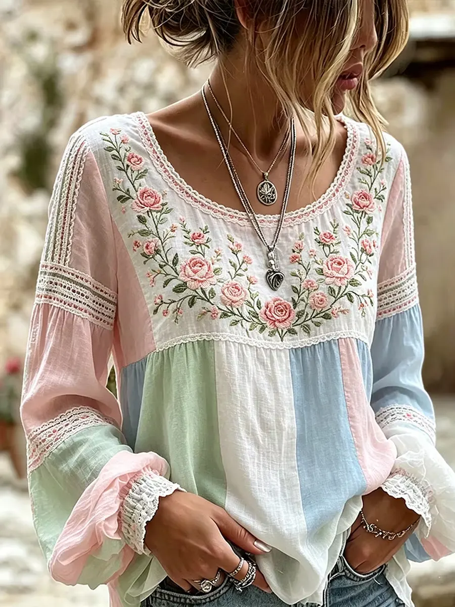 Women's Pastel Floral Lace Print Blouse