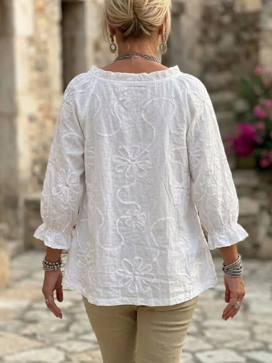 Chic And Elegant Linen-cotton V-neck Top With Ruffles And 3d Floral Embossing