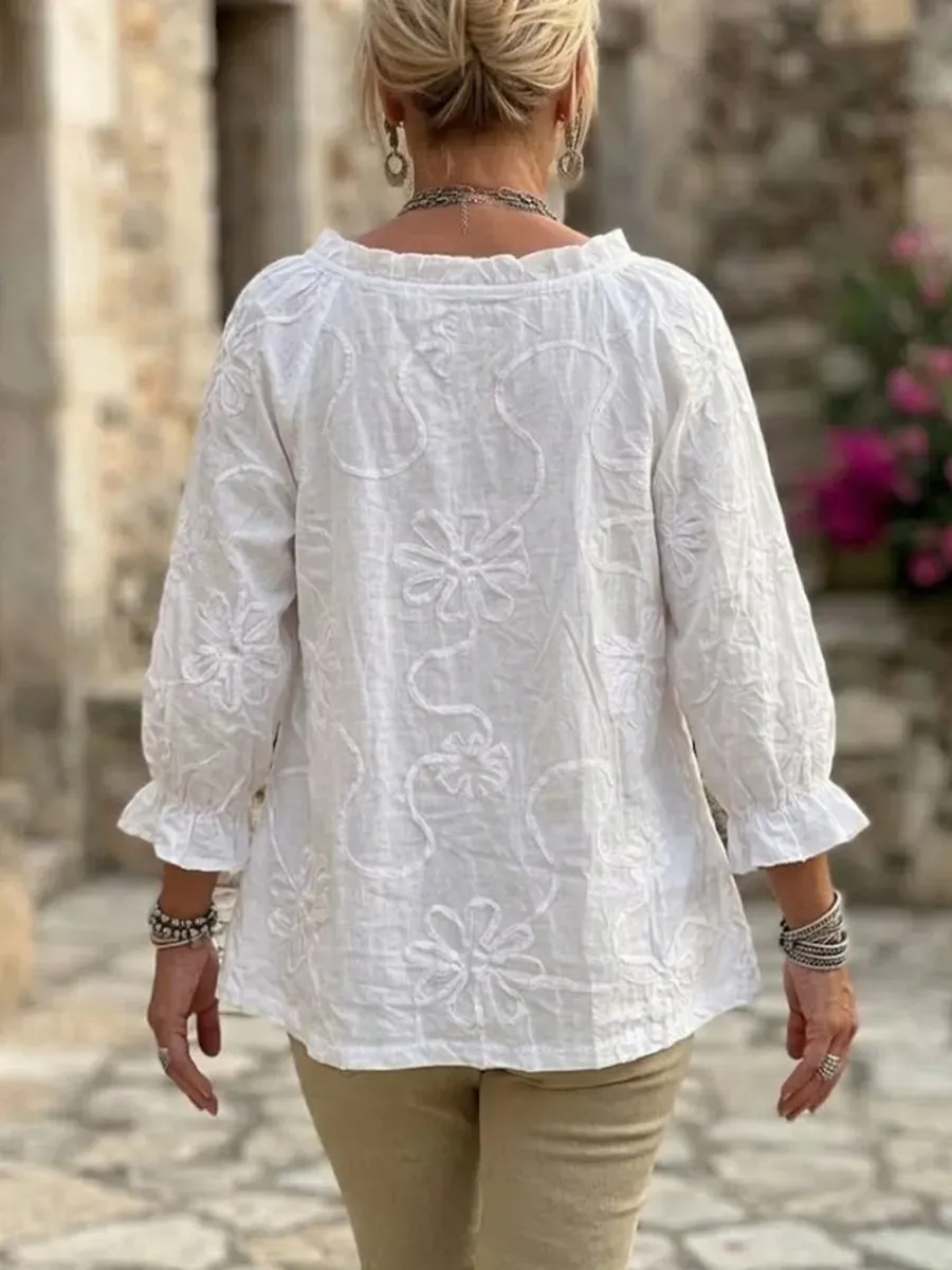 Chic And Elegant Linen-cotton V-neck Top With Ruffles And 3d Floral Embossing