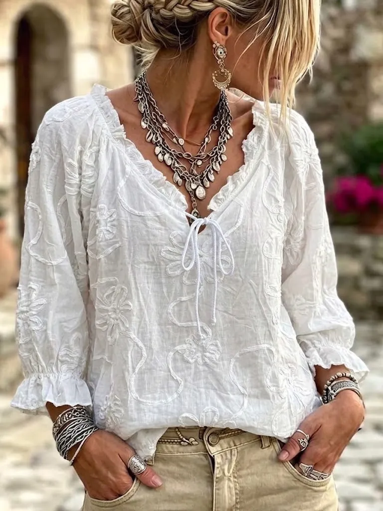 Chic And Elegant Linen-cotton V-neck Top With Ruffles And 3d Floral Embossing