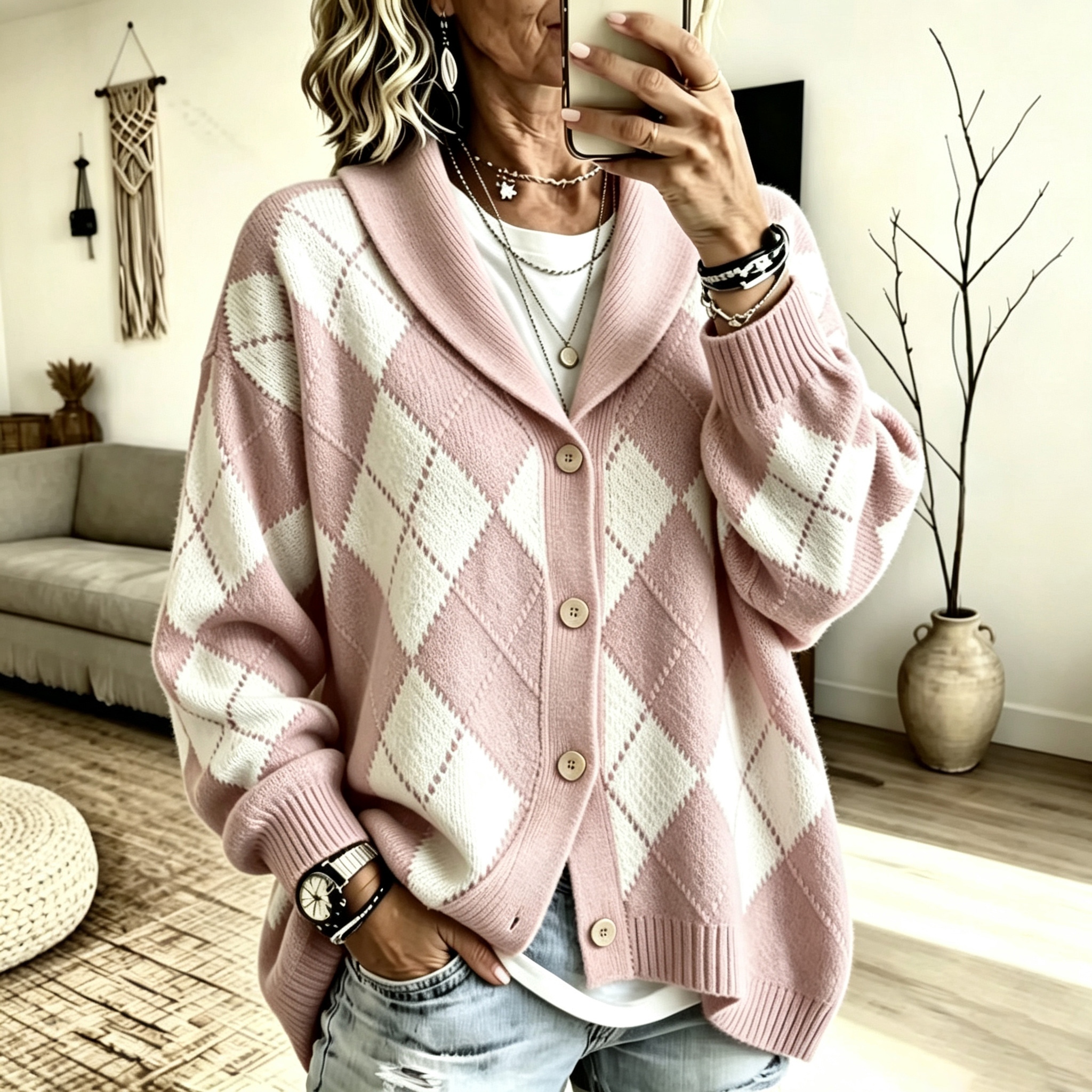 Women's suit collar diamond check button cardigan