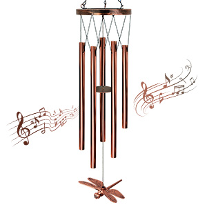 Wind chime with copper-colored tubes and wooden top, decorated with musical notes. Includes a stylized treble clef and notes graphic.