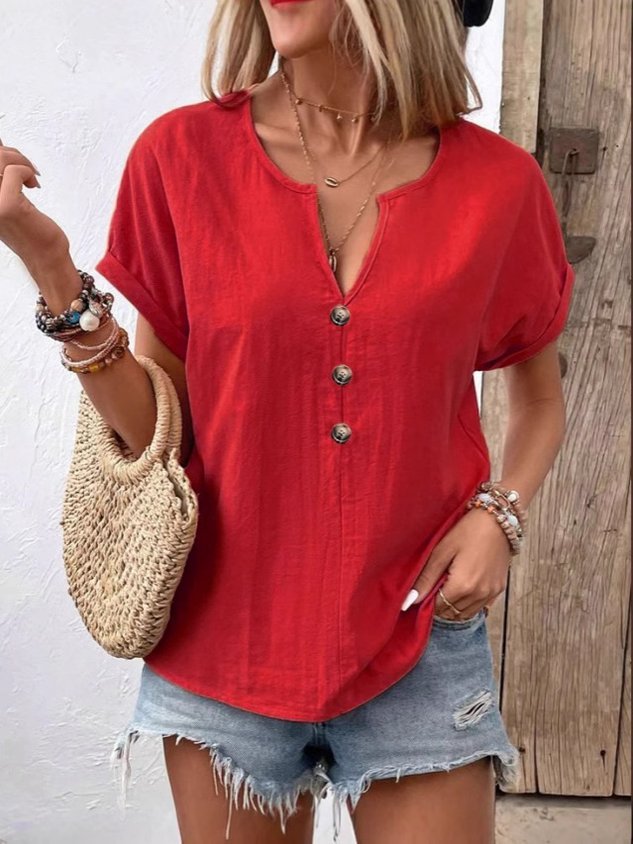 Women Plain Short Sleeve Tee T-shirt V Neck Casual Summer Top