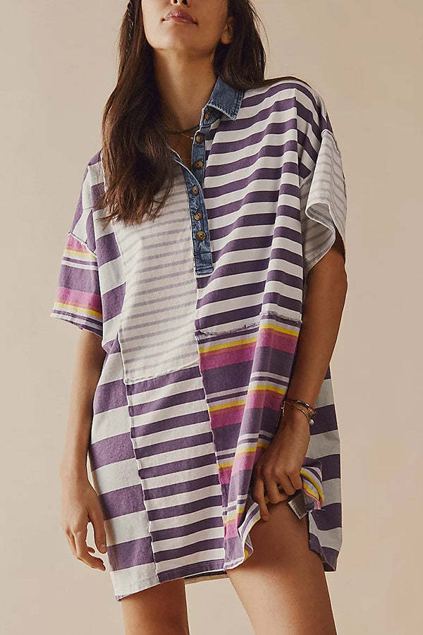 Striped Patchwork Denim Shirt Dress – Casual and Relaxed Fit