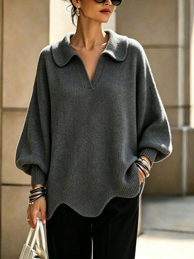 Women's solid color V-neck long-sleeved casual loose pullover knit sweater