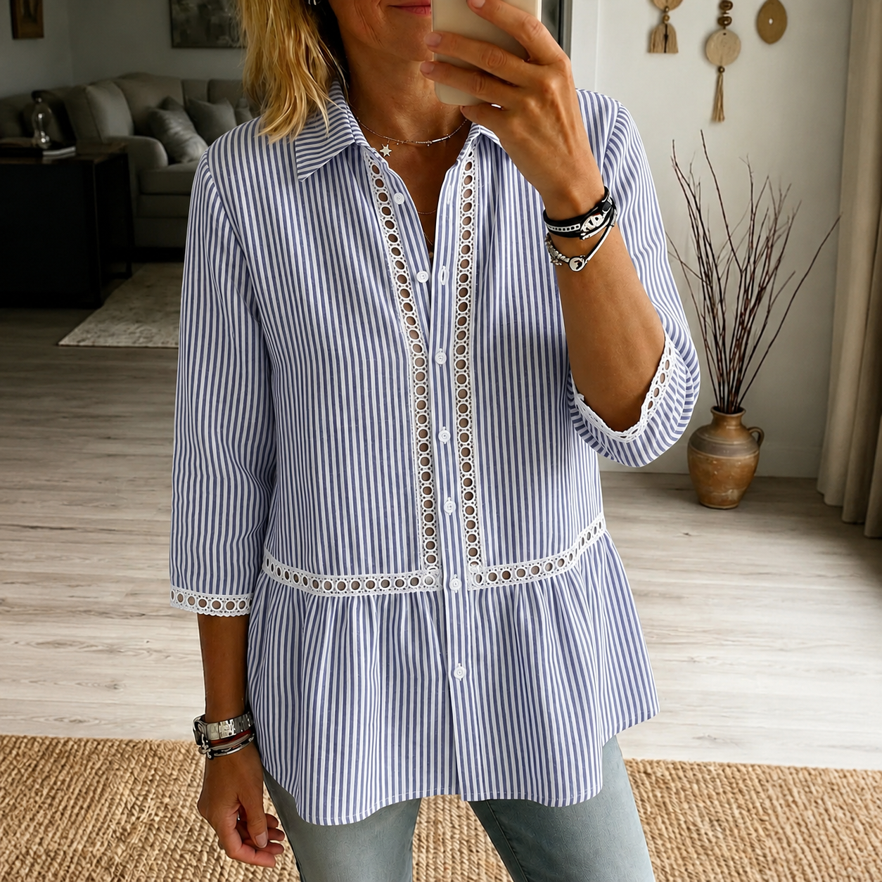 Women's casual striped plaid patchwork lace cutout shirt