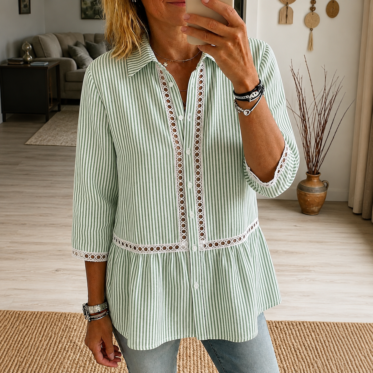 Women's casual striped plaid patchwork lace cutout shirt