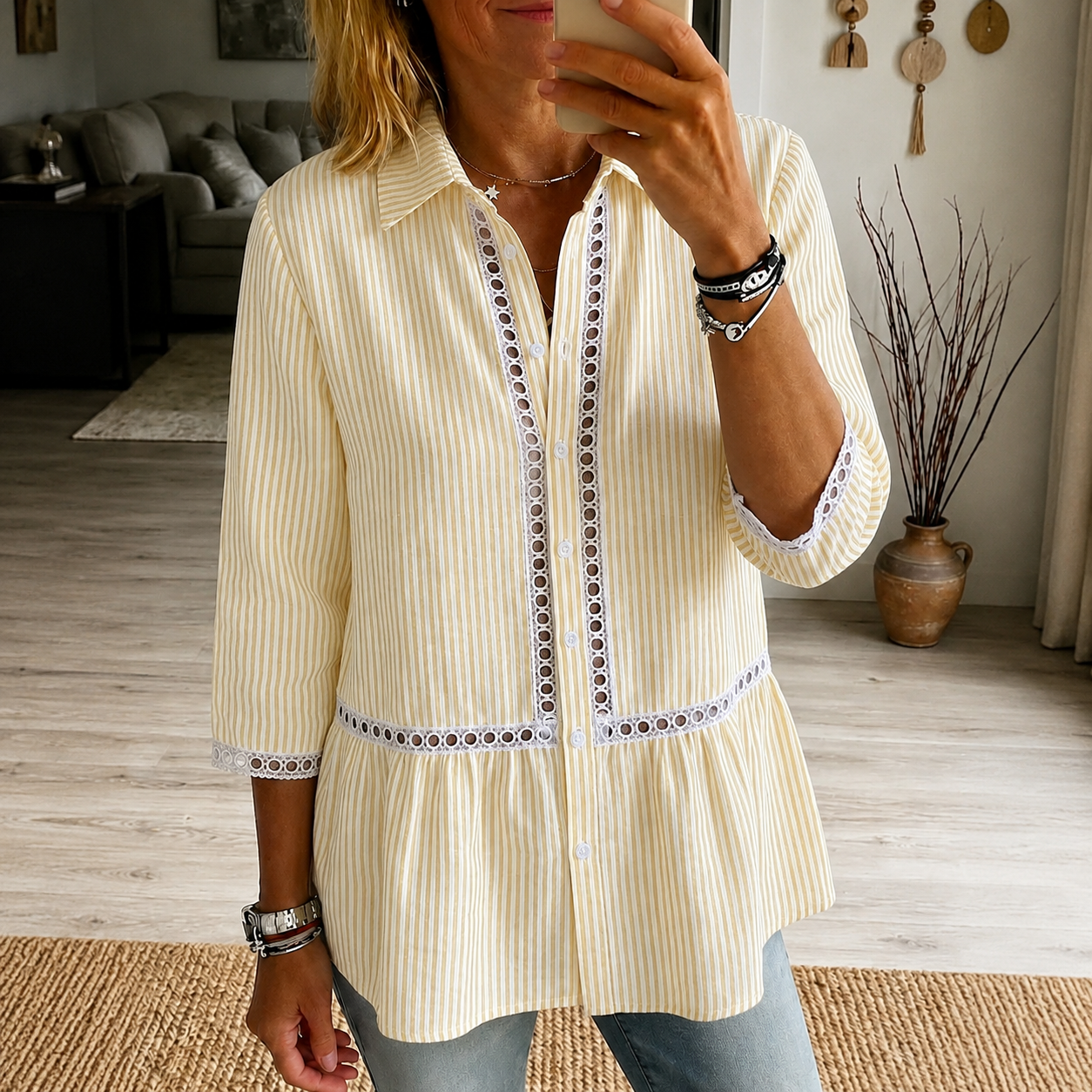 Women's casual striped plaid patchwork lace cutout shirt