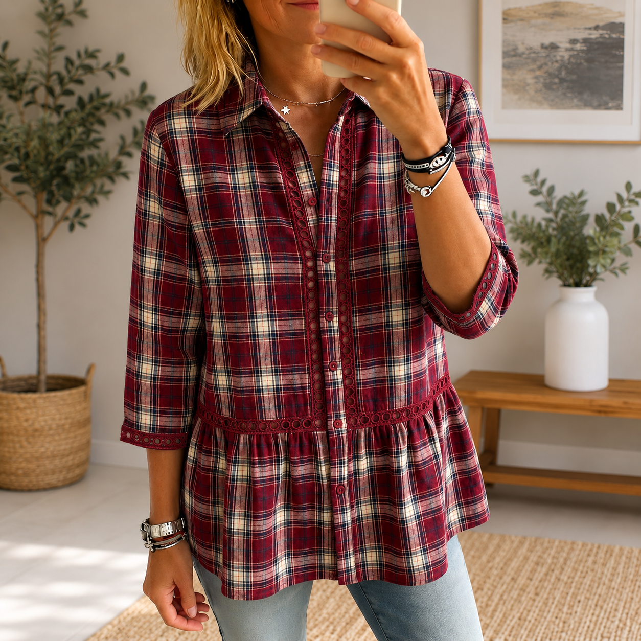 Women's casual striped plaid patchwork lace cutout shirt