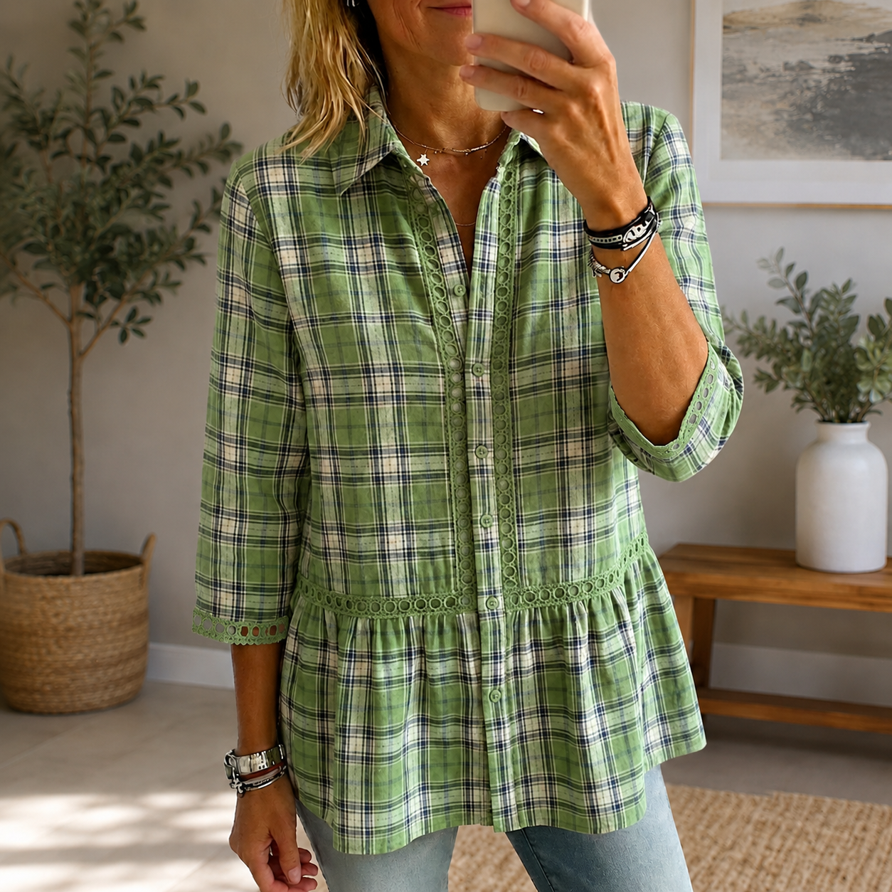 Women's casual striped plaid patchwork lace cutout shirt