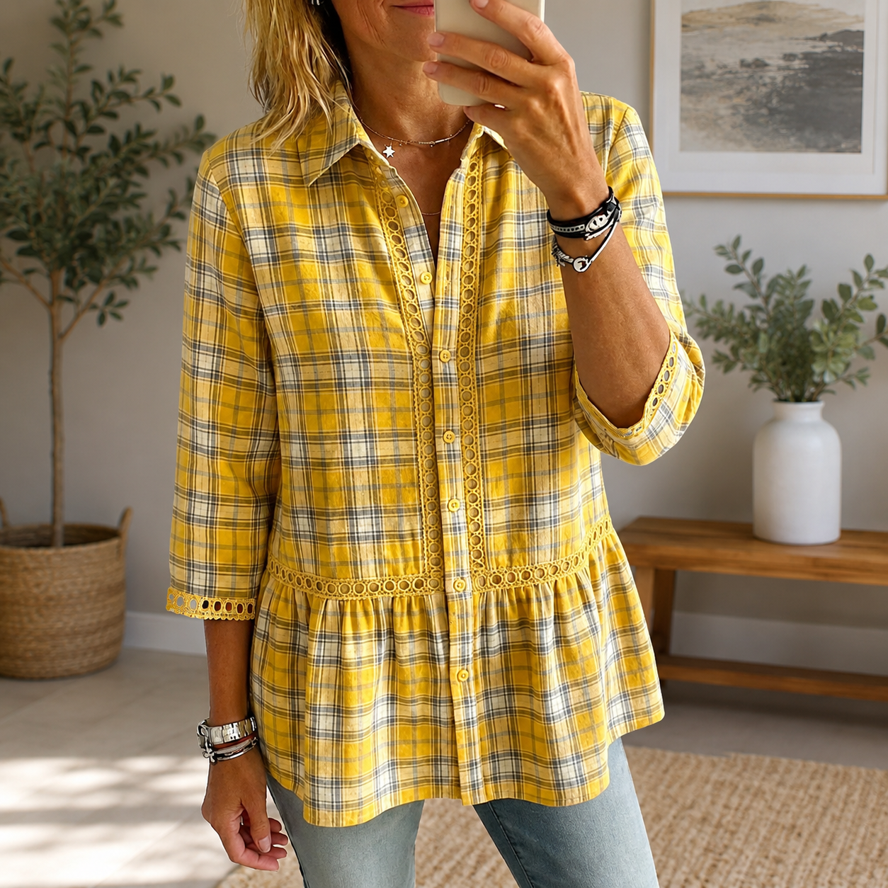 Women's casual striped plaid patchwork lace cutout shirt