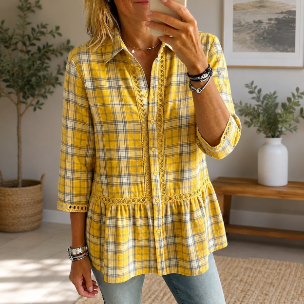 Women's casual striped plaid patchwork lace cutout shirt
