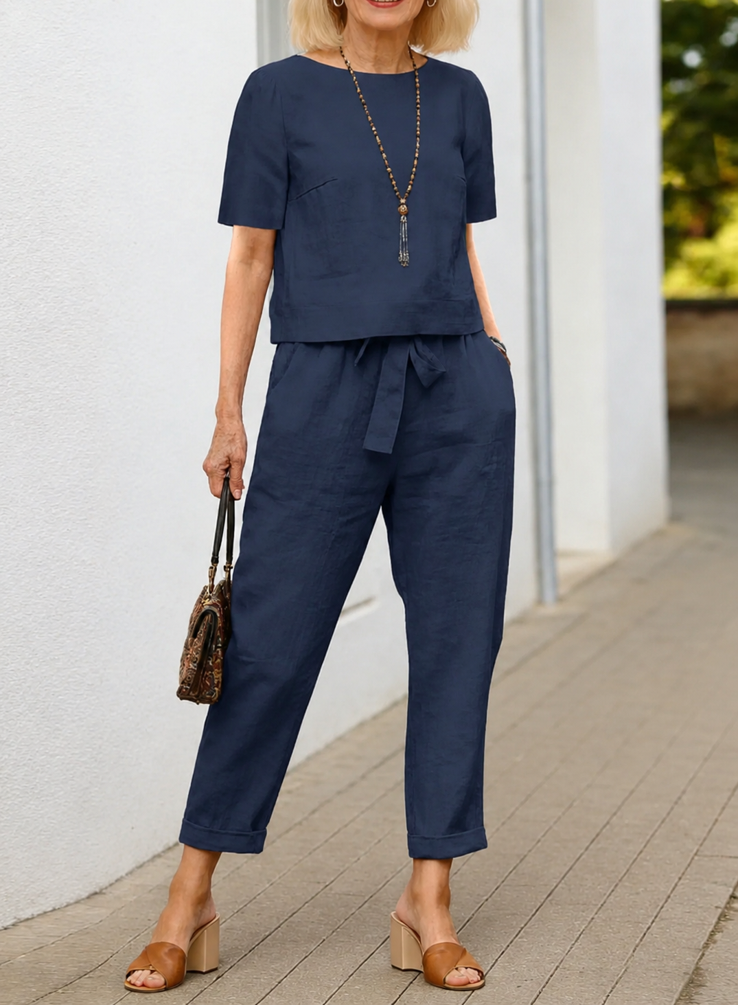 2Pcs Summer Fashion Solid Color Short-Sleeved Trousers Two-Piece Suit (Including Belt)