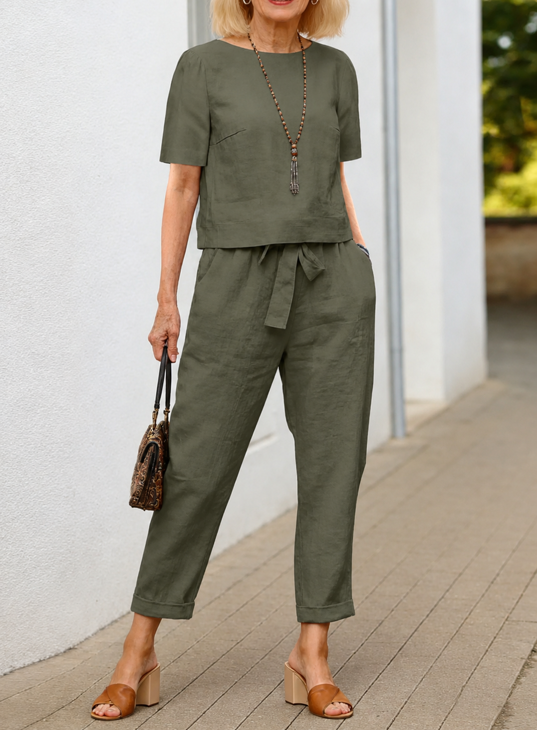 2Pcs Summer Fashion Solid Color Short-Sleeved Trousers Two-Piece Suit (Including Belt)