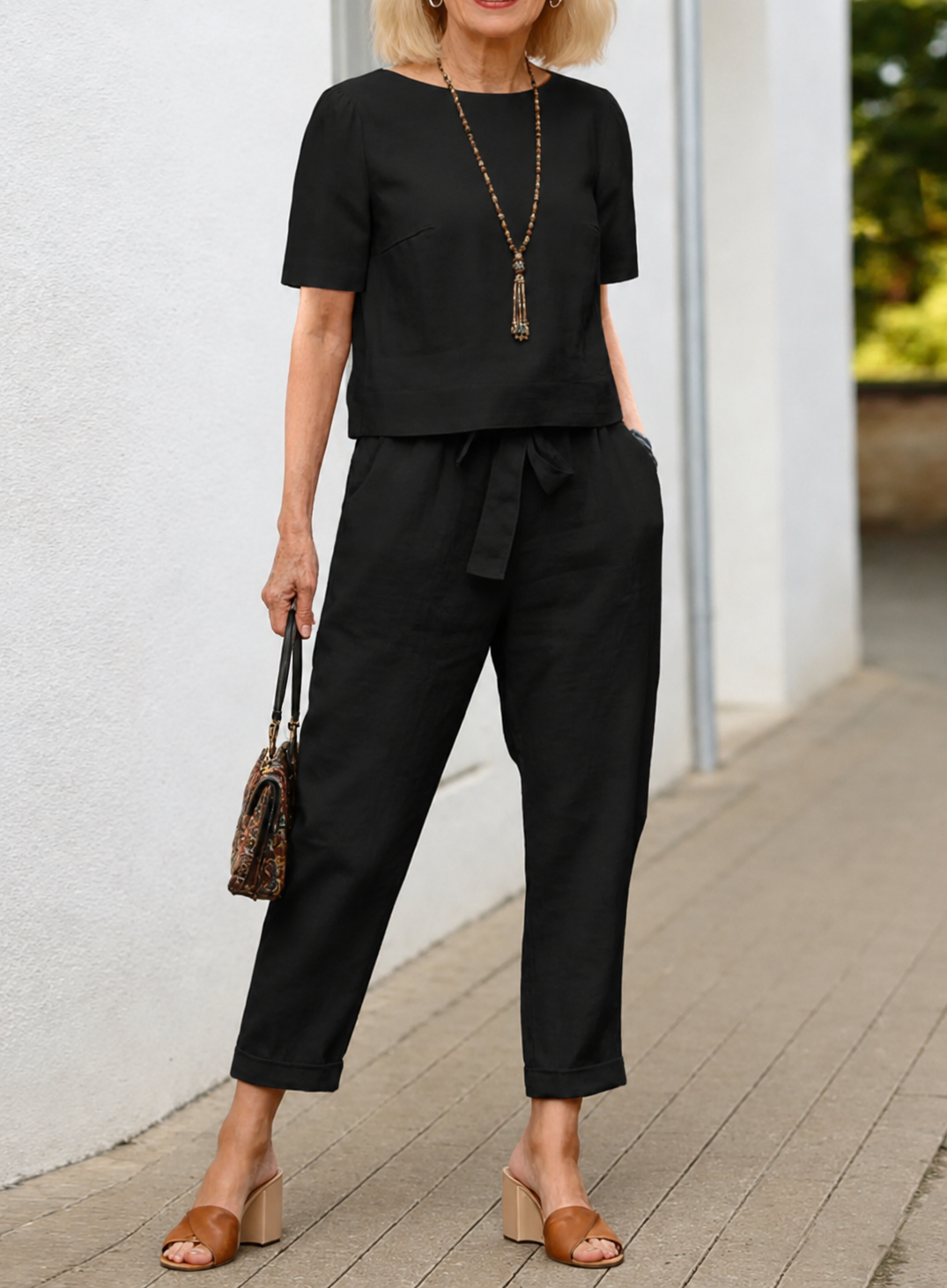2Pcs Summer Fashion Solid Color Short-Sleeved Trousers Two-Piece Suit (Including Belt)