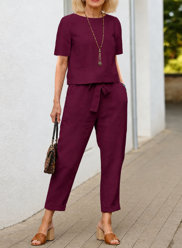2Pcs Summer Fashion Solid Color Short-Sleeved Trousers Two-Piece Suit (Including Belt)