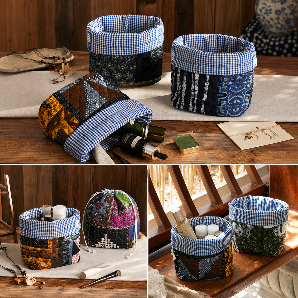 Hand-quilted portable storage basket, multi-purpose fabric storage basket