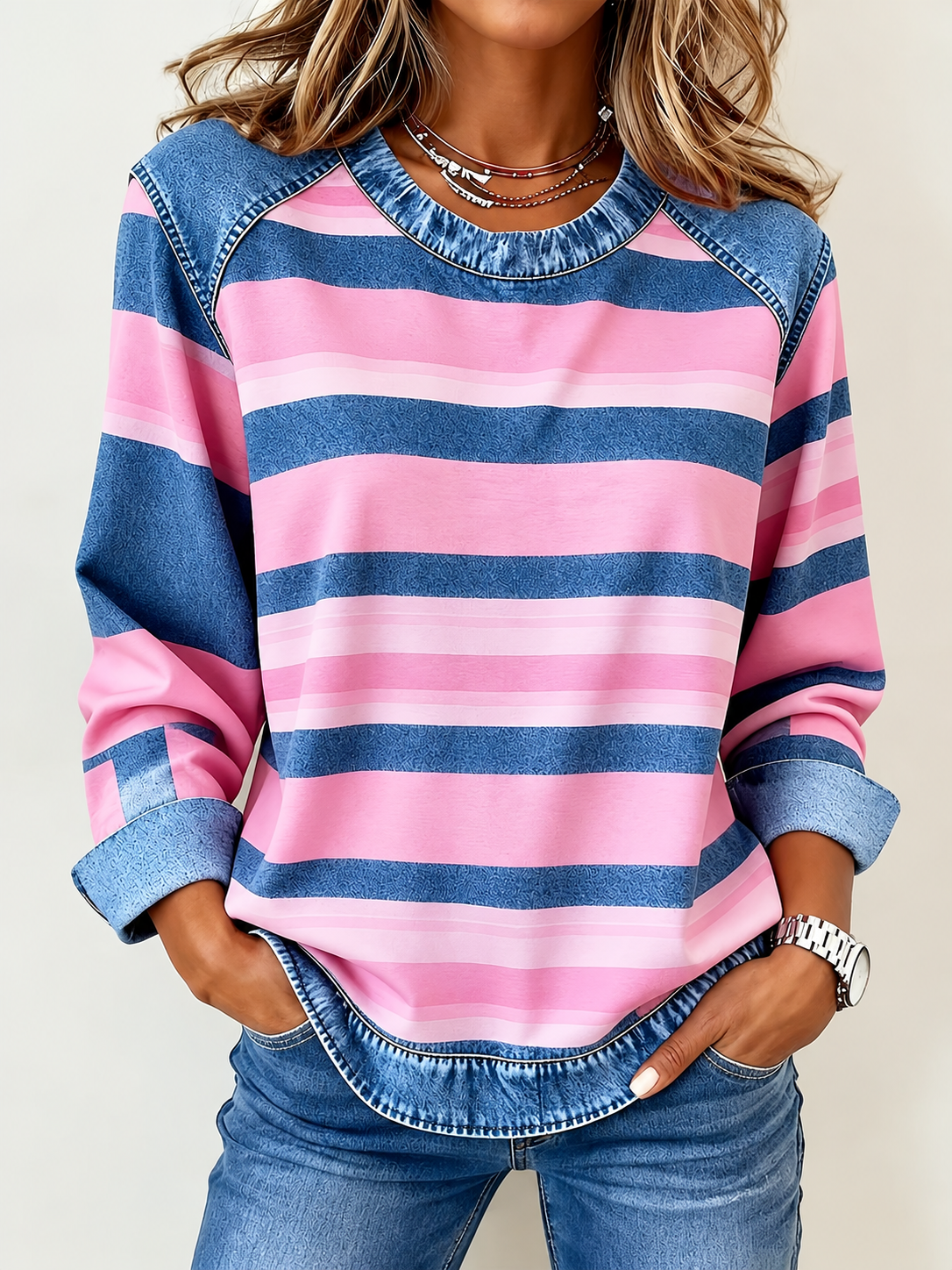 Women's striped crew neck raglan denim patchwork sweatshirt