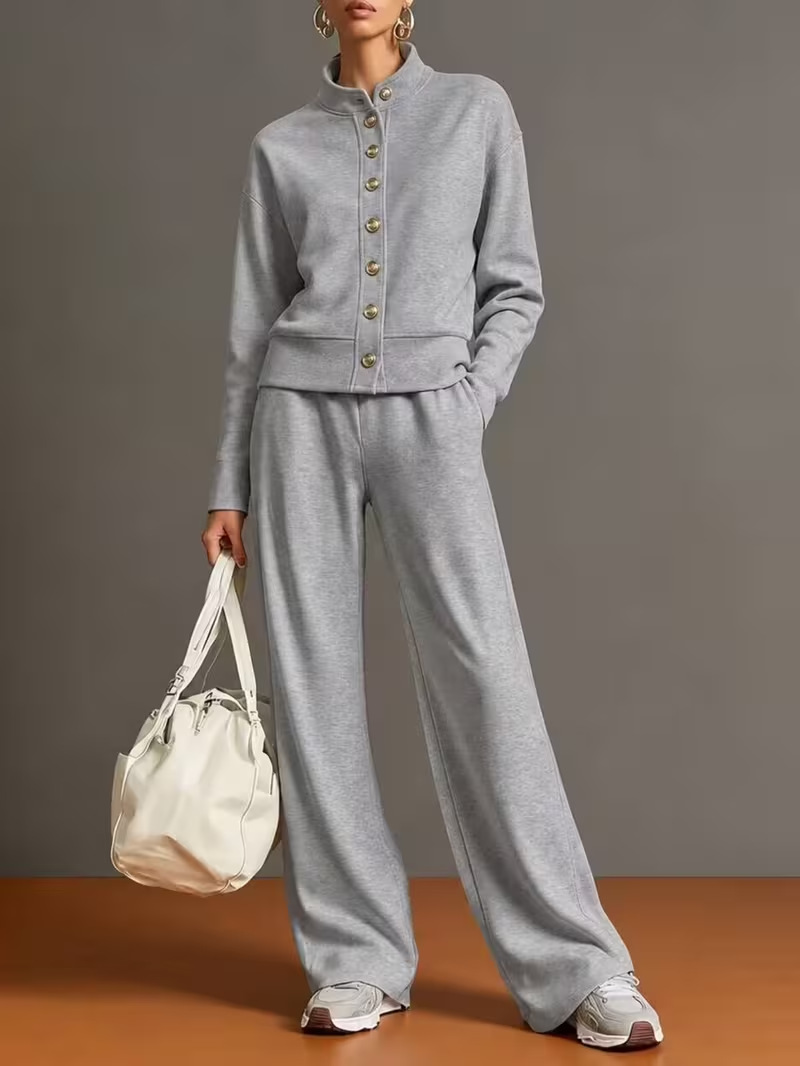 Women's Solid Color Stand Collar Cardigan Sweatshirt Wide-Leg Pants Set