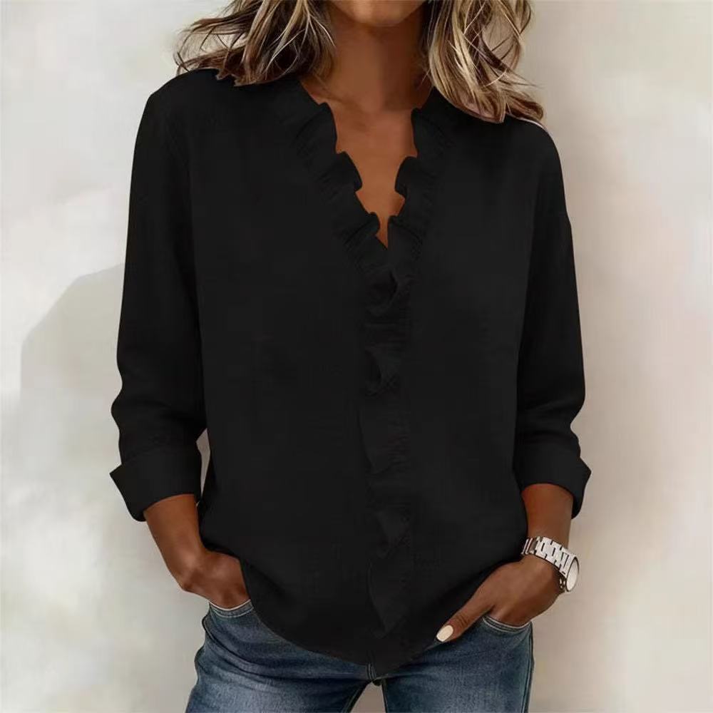 Solid Color Ruffled V-neck Long-sleeved Loose Casual Shirt