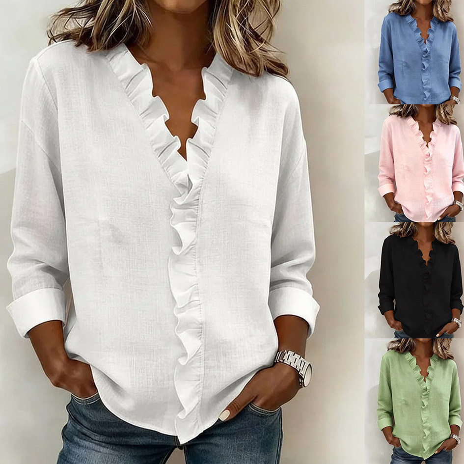 Solid Color Ruffled V-neck Long-sleeved Loose Casual Shirt