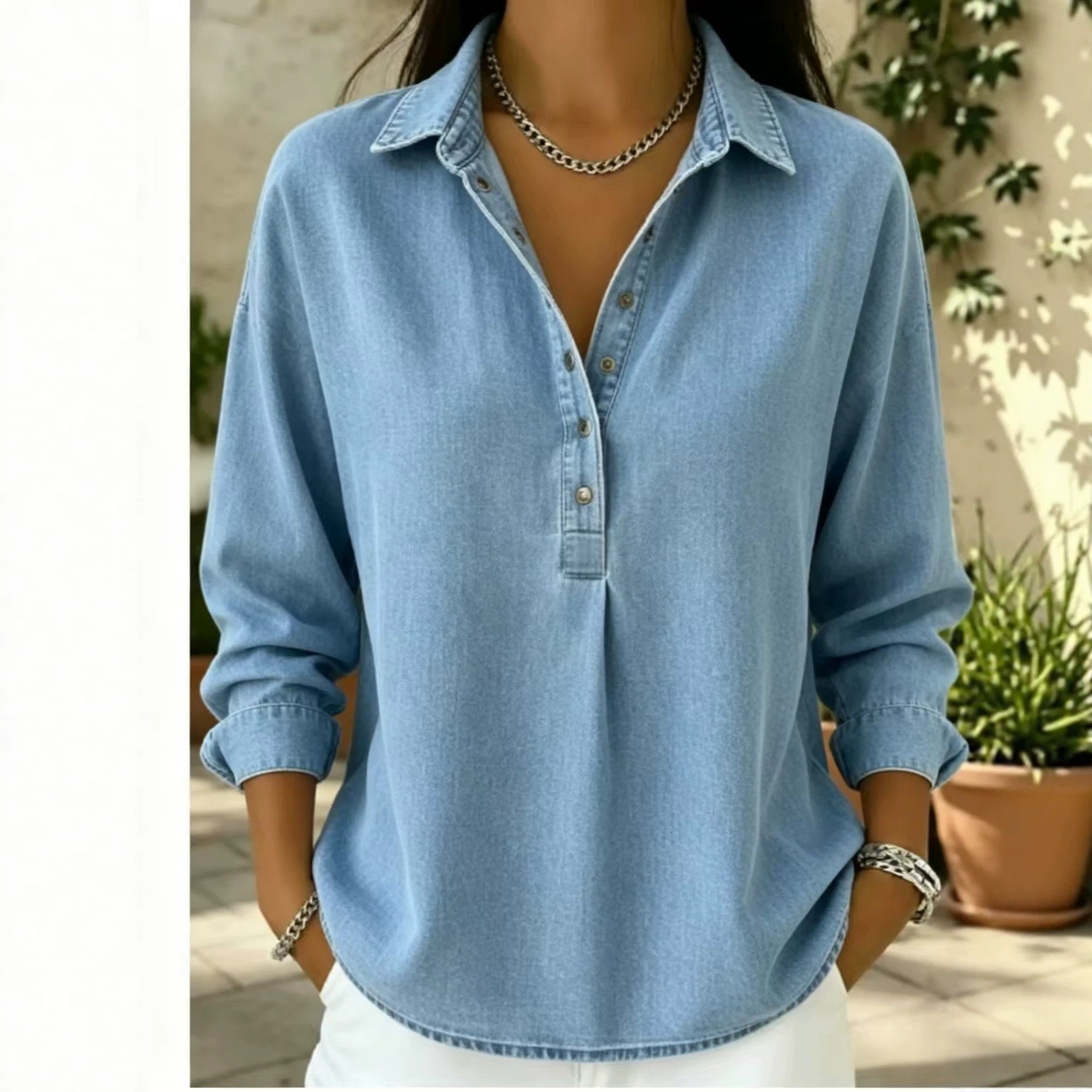 [Copy]🔥Women's Relaxed Denim-Style Button Detail Top