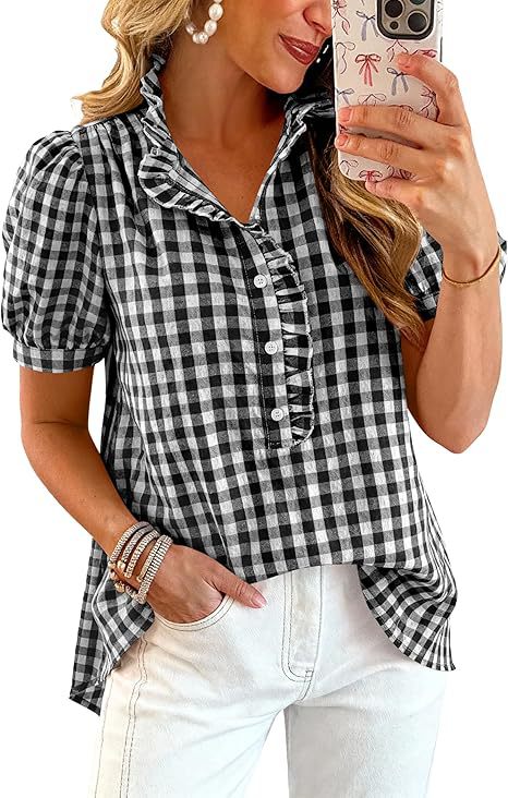 Women's puff sleeve ruffle V-neck shirt