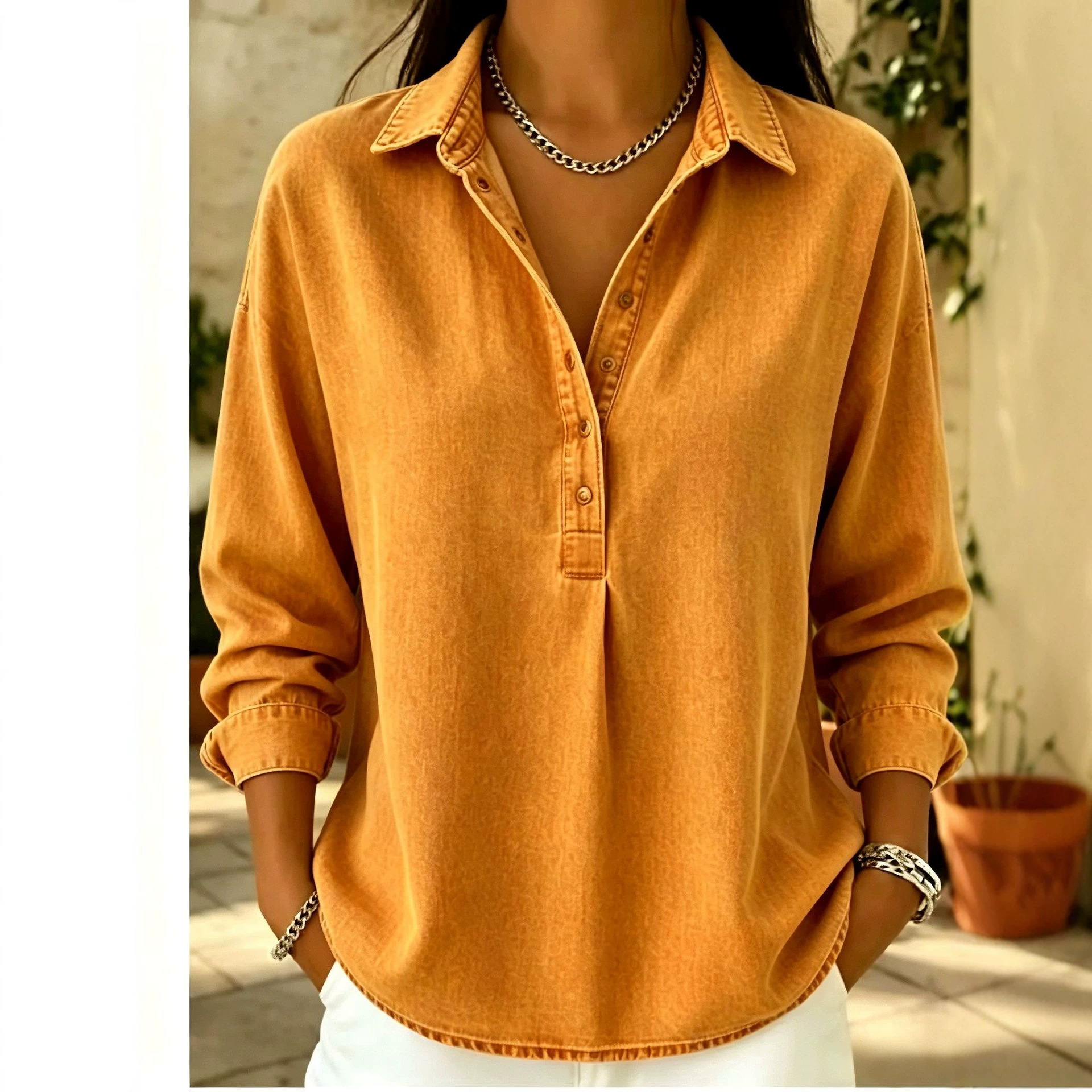 [Copy]🔥Women's Relaxed Denim-Style Button Detail Top