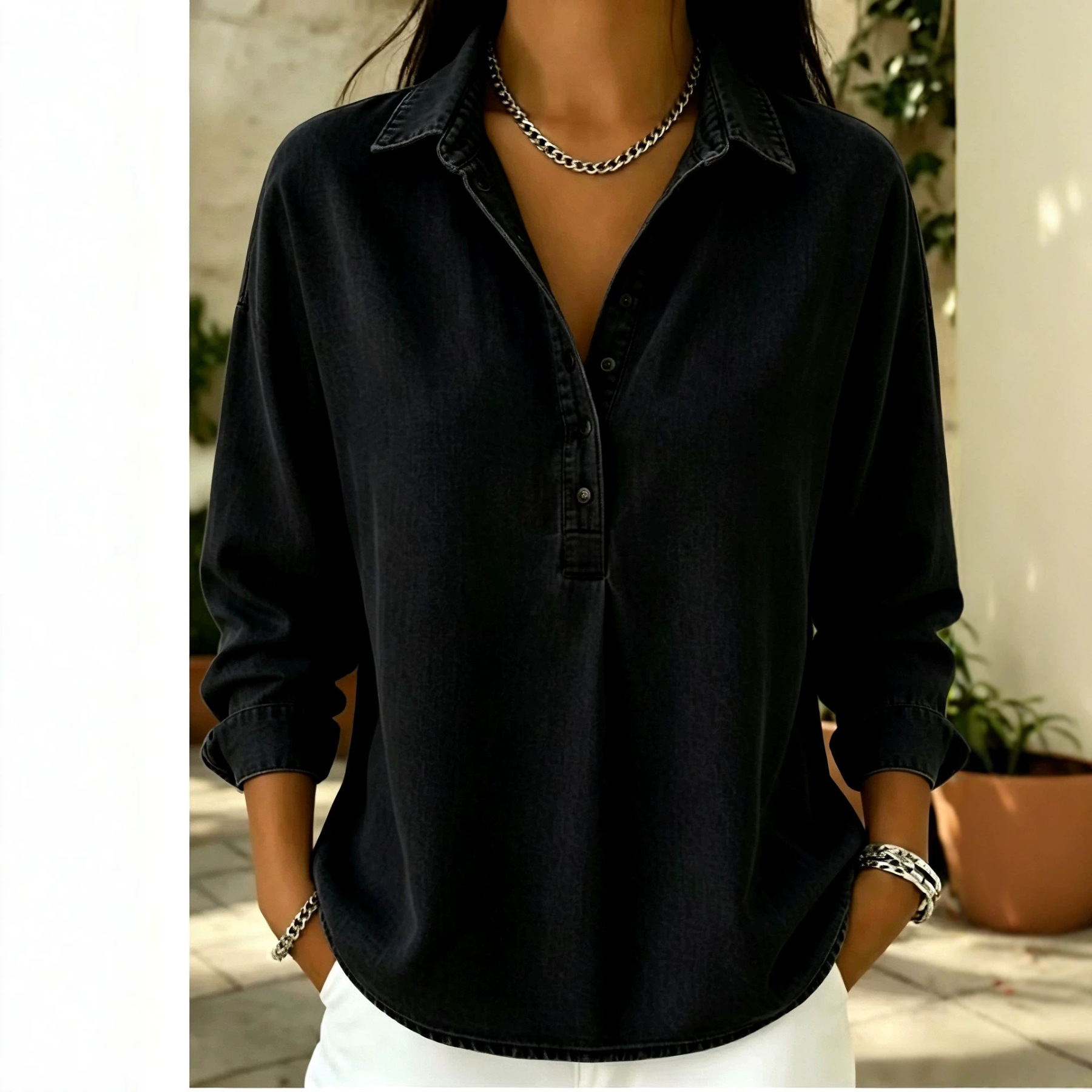 [Copy]🔥Women's Relaxed Denim-Style Button Detail Top