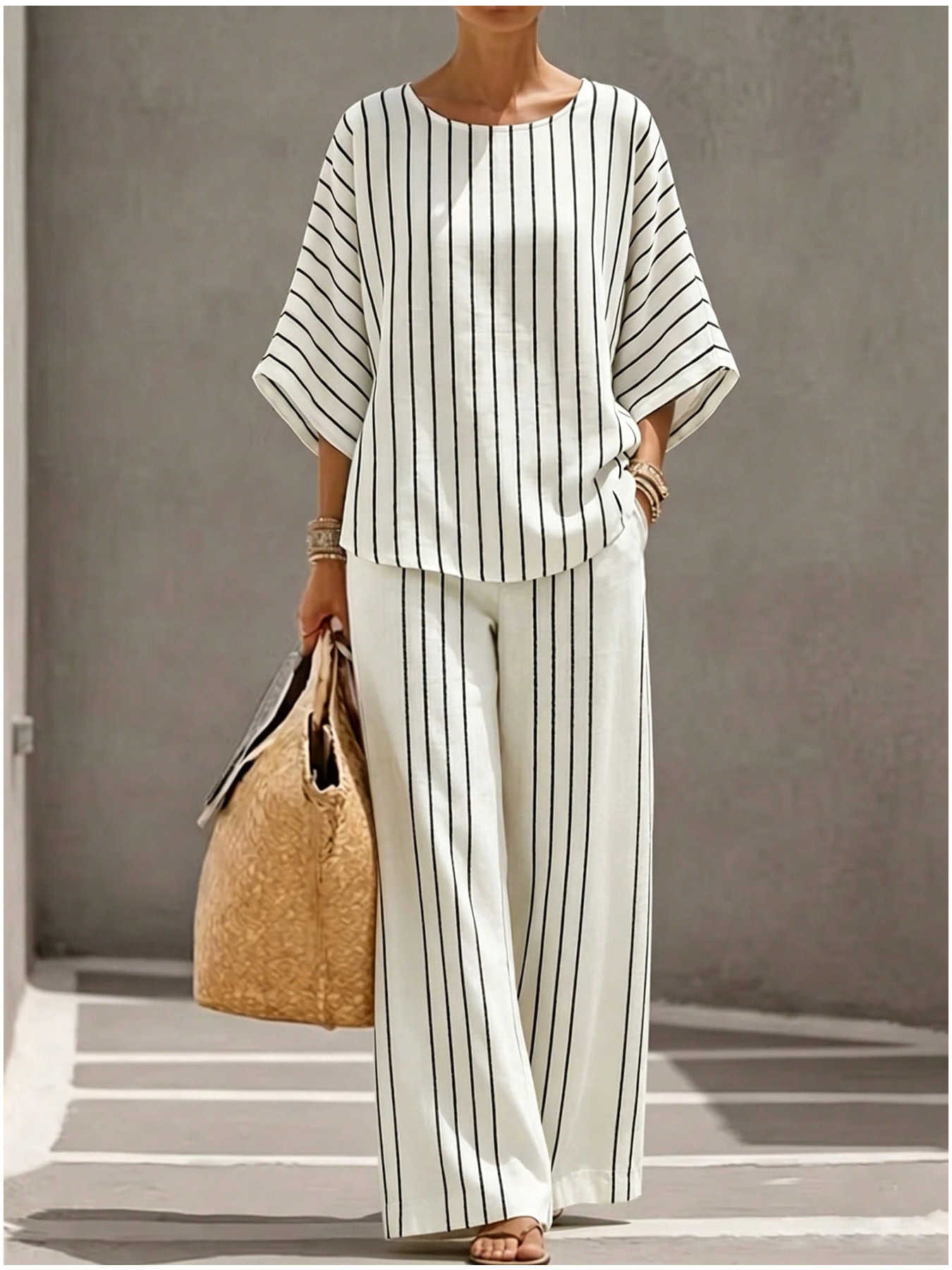 French casual striped flared sleeve wide-leg pants two-piece set