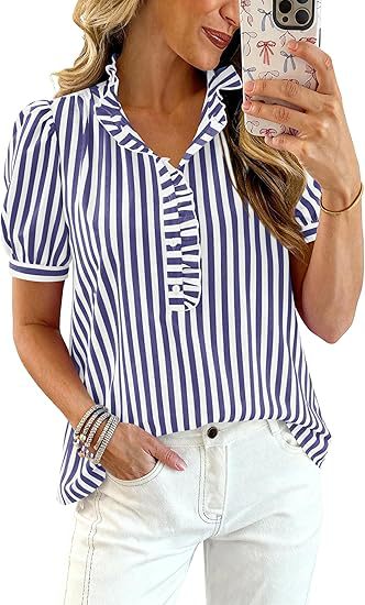 Women's puff sleeve ruffle V-neck shirt