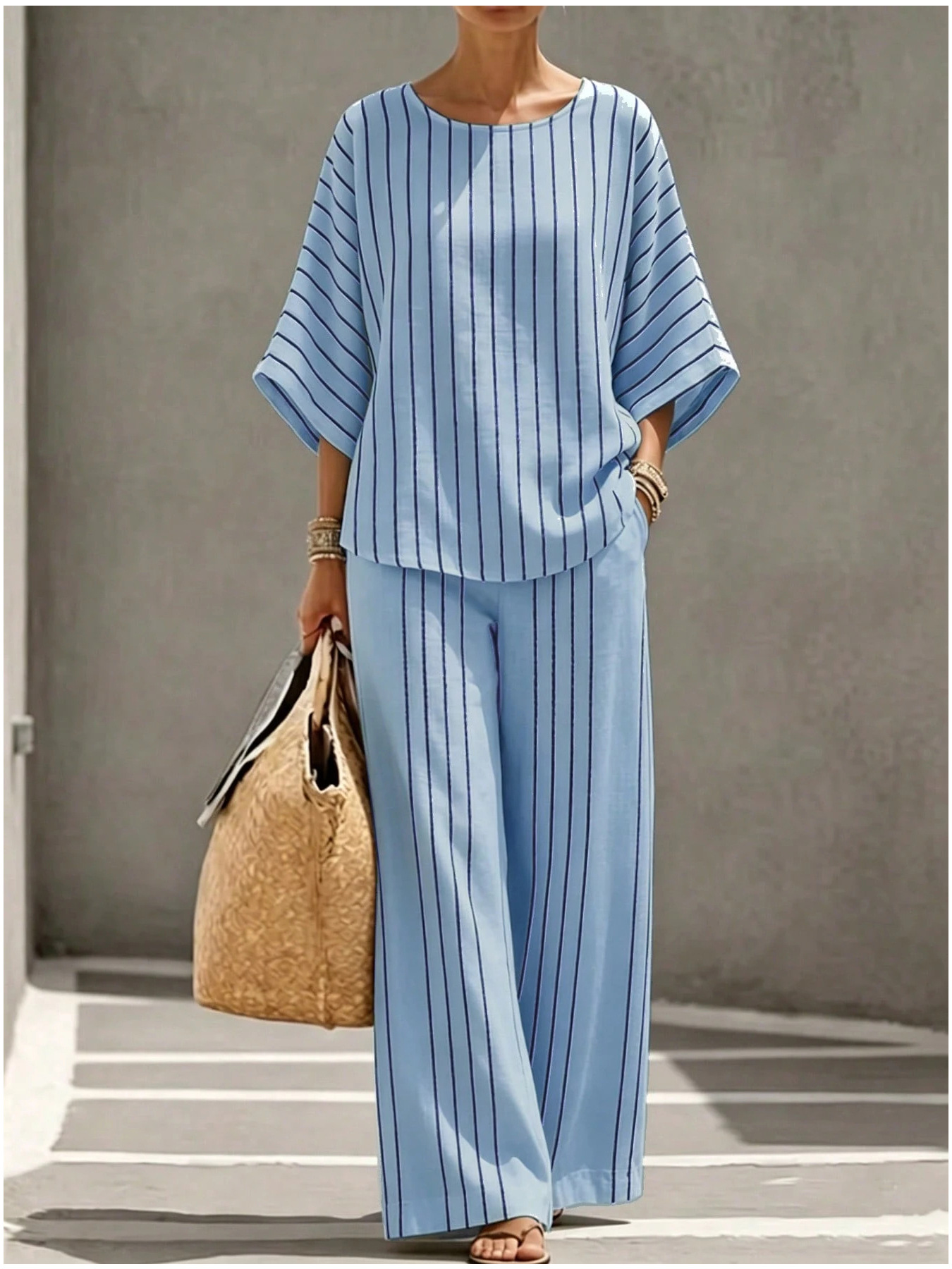 French casual striped flared sleeve wide-leg pants two-piece set