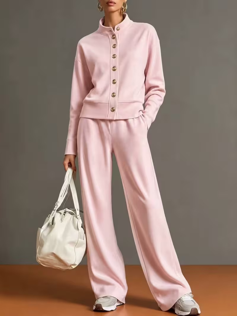 Women's Solid Color Stand Collar Cardigan Sweatshirt Wide-Leg Pants Set