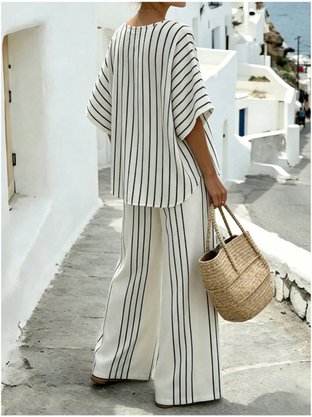 French casual striped flared sleeve wide-leg pants two-piece set