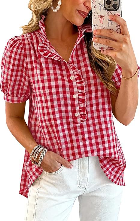 Women's puff sleeve ruffle V-neck shirt